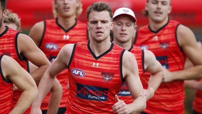 MELBOURNE, AUSTRALIA - DECEMBER 07: Jordan Ridley of the Bombers in action during the Essendon Bombers training session at The Hangar on December 07, 2020 in Melbourne, Australia. (Photo by Dylan Burns/AFL Photos via Getty Images)