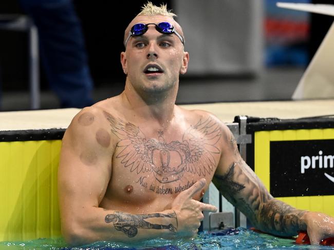 ADELAIDE, AUSTRALIA - MAY 18: Kyle Chalmers catches his breath after cmpeting in the Mens 100 metre Butterfly during day one of the 2022 Australian Swimming Championships at SA Aquatic & Leisure Centre on May 18, 2022 in Adelaide, Australia. (Photo by Quinn Rooney/Getty Images)