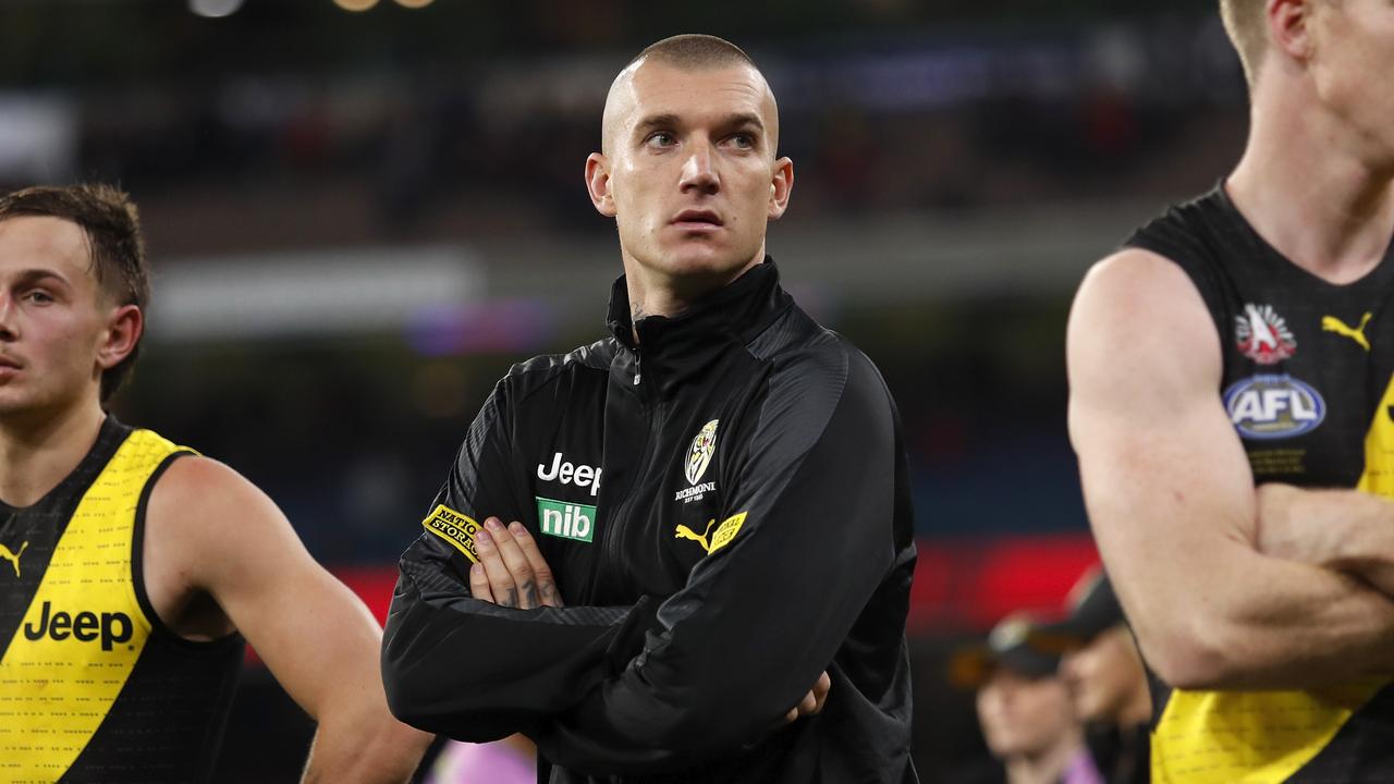 MELBOURNE, AUSTRALIA - APRIL 24: Dustin Martin of the Tigers looks dejected after a loss during the 2021 AFL Round 06 match between the Melbourne Demons and the Richmond Tigers at the Melbourne Cricket Ground on April 24, 2021 in Melbourne, Australia. (Photo by Dylan Burns/AFL Photos via Getty Images)