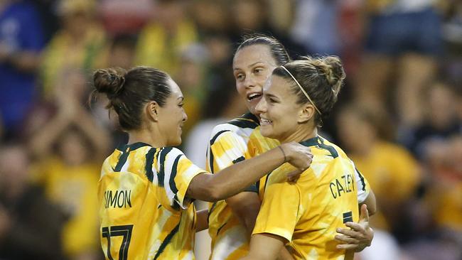 Emily van Egmond of the Matildas celebrates scoring a first half goal at the Olympics.