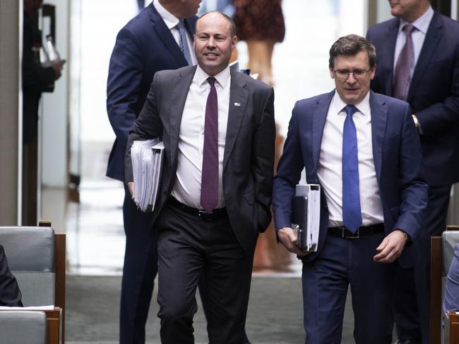 Josh Frydenberg and Alan Tudge arrive for Question Time in the House of Representatives. today. Picture: NCA NewsWire / Gary Ramage