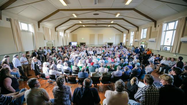 Corrections Minister Elise Archer addresses the crowd at the community meeting at Westbury. Picture: PATRICK GEE