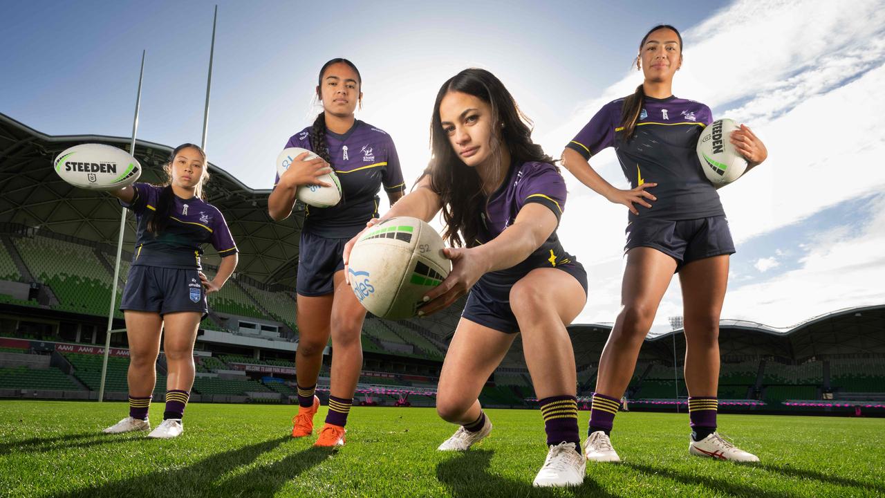Daliz Feo, Sierra Te’o, Nikita-Jaye Faoa and Akeelah Coffin are in the mix for Melbourne Storm’s new female development squad. Picture: Tony Gough