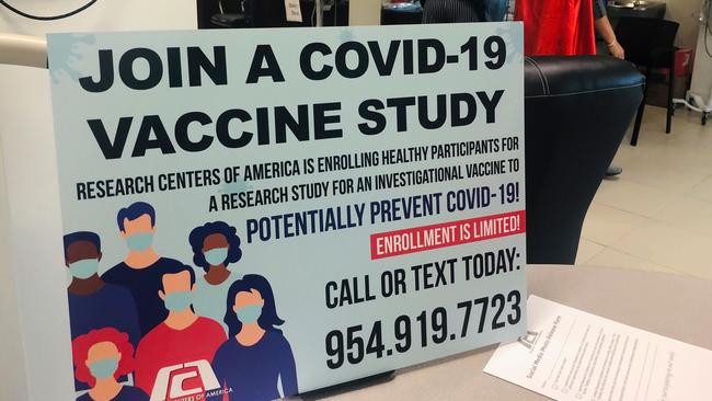 A sign at the Research Centers of America during the Phase 3 Covid-19 trial of the Moderna vaccine in Hollywood, Florida. Picture: AFP.