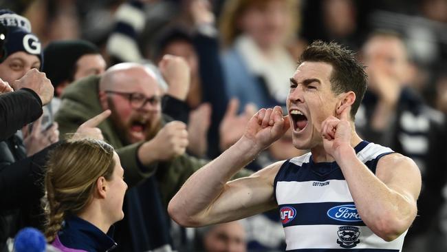 Jeremy Cameron celebrates a goal in last year’s qualifying final against Collingwood.