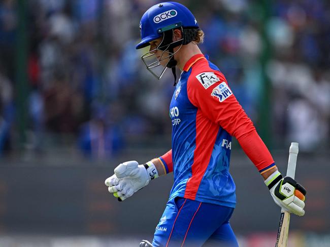 Delhi Capitals' Jake Fraser-McGurk walks back to the pavilion after his dismissal during the Indian Premier League (IPL) Twenty20 cricket match between Delhi Capitals and Mumbai Indians at the Arun Jaitley Stadium in New Delhi on April 27, 2024. (Photo by Money SHARMA / AFP) / -- IMAGE RESTRICTED TO EDITORIAL USE - STRICTLY NO COMMERCIAL USE --