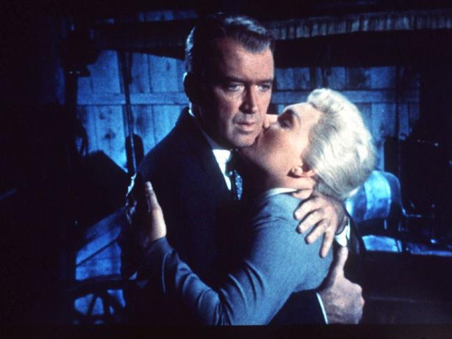 1959. Actor James Stewart with Kim Novak in scene from film |Vertigo|.