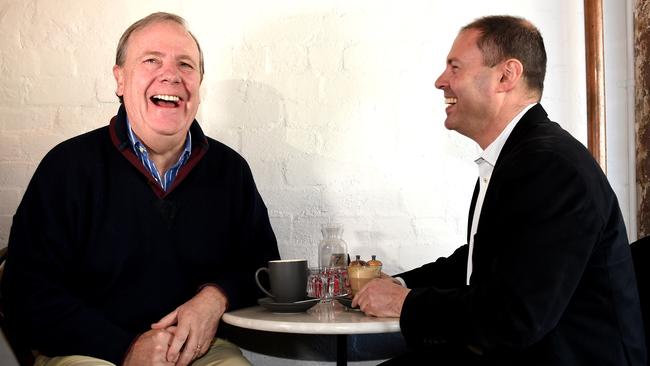 Coffee and a laugh with former treasurer Peter Costello in Hawthorn. Picture: Nicole Garmston