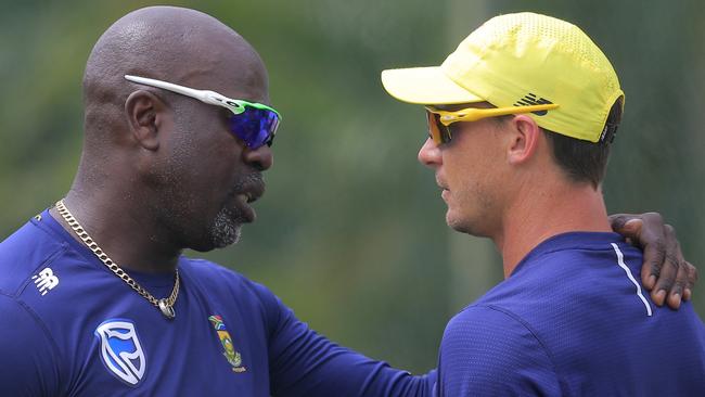 South African paceman Dale Steyn (right), pictured with coach Ottis Gibson, has been ruled out of the cricket World Cup with a shoulder injury. Picture: AP