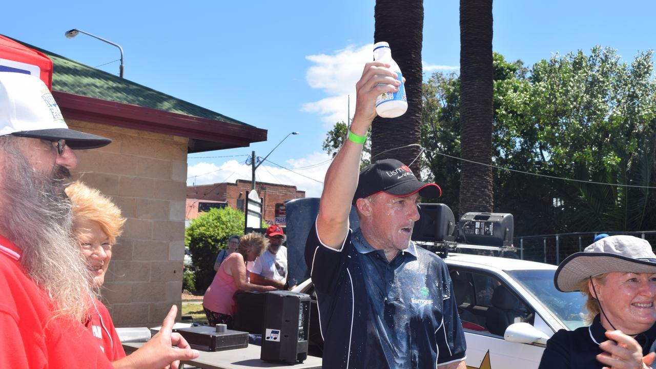 Major of Lismore City Council Isaac Smith wins the milk drinking round of the Council challenge in 2018.