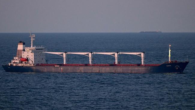 This photograph taken this week shows the Sierra Leone-flagged cargo ship Razoni carrying 26,000 tonnes of corn, off shore of north-west Istanbul. Picture: AFP