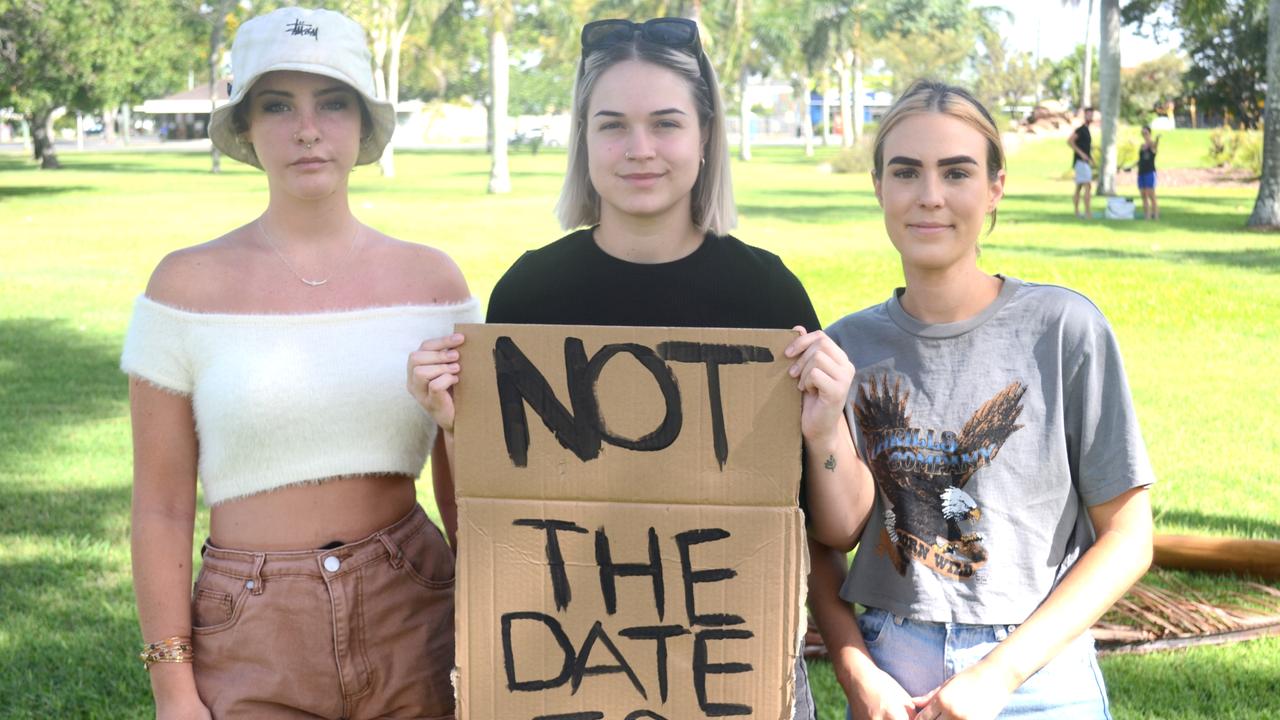 Josie Jackson, Maddison Noonan and Elise Hughston at Rockhampton's Invasion Day Rally 2021