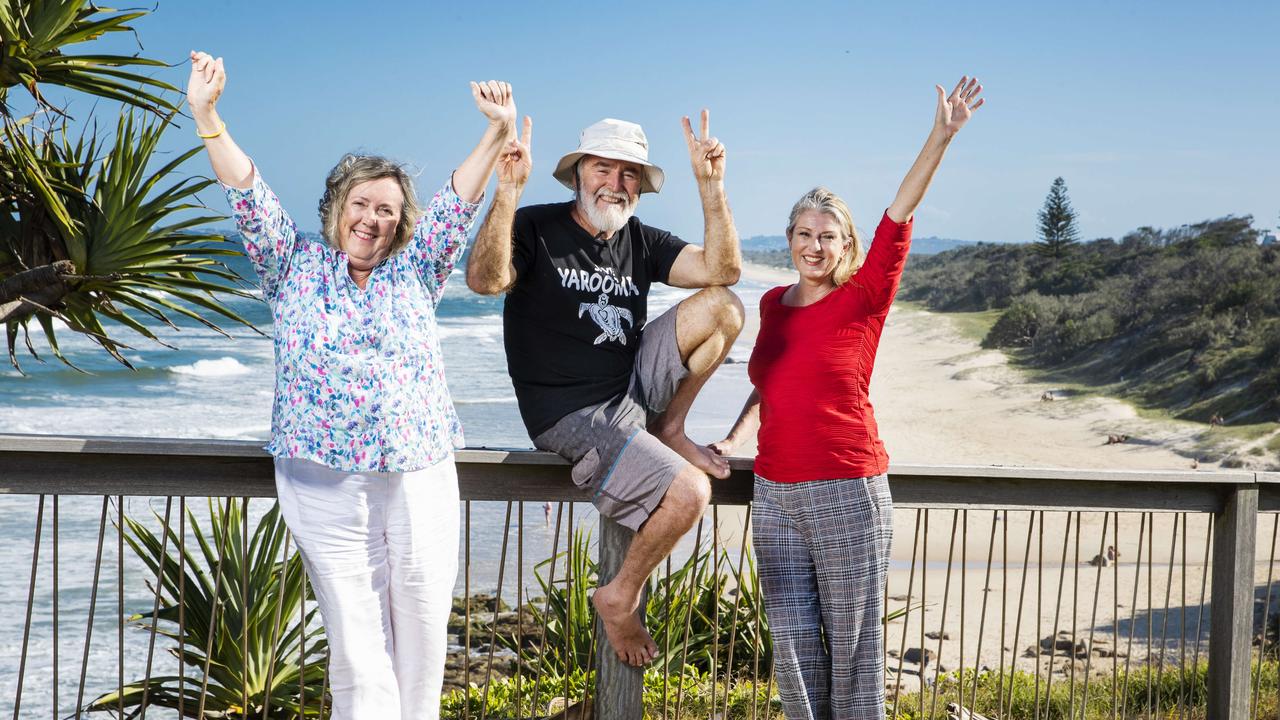 Lyn Saxton from Development Watch, Jim Moore of Friends of Yaroomba and Narelle McCarthy from the Sunshine Coast Environmental Council, celebrate the February decision in the Court of Appeal. Picture: Lachie Millard