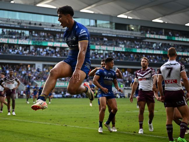 Blaize Talagi celebrates a try on NRL debut against Manly. Picture: NRL Photos