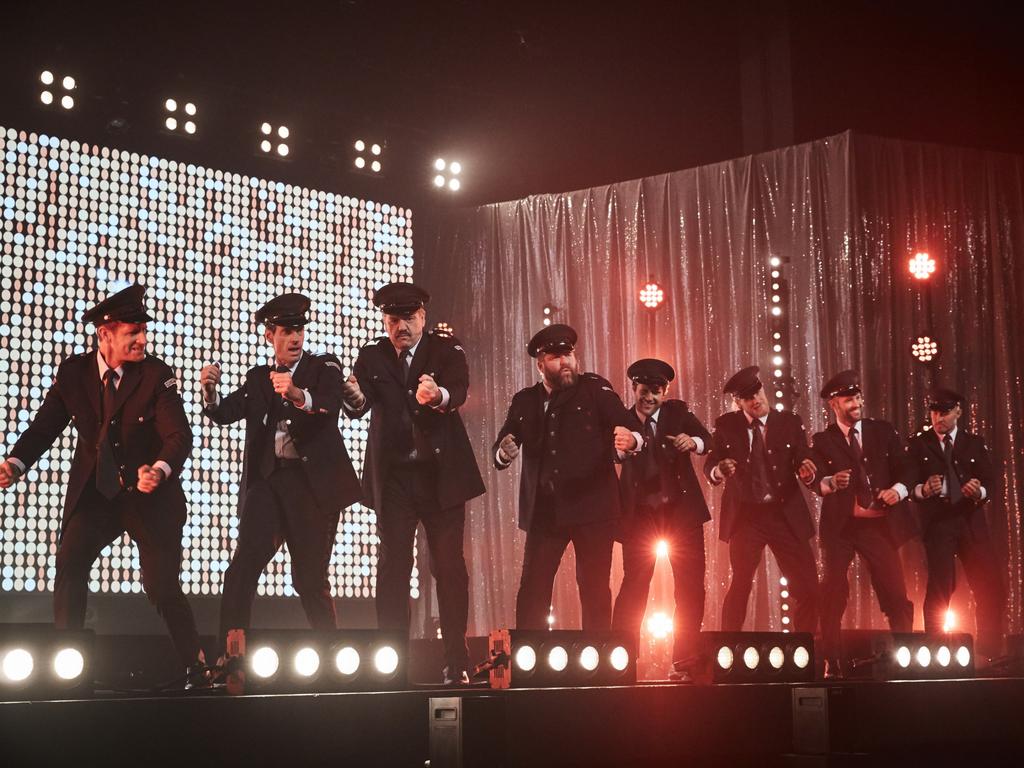 Brian Taylor (third from left) on stage as part of The Full Monty charity special. Picture: Supplied/Channel 7