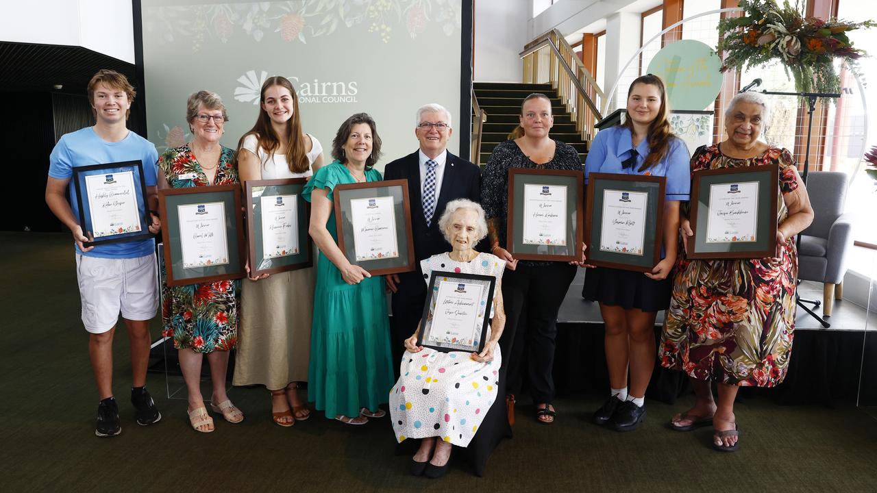 Junior Sportsperson of the Year Highly Commended Kalan Gosper, Volunteer of the Year Carol Mills, Junior Sportsperson of the Year Rhiannon Forbes, Cultural Award winner Maureen Cameron, Mayor Terry James, Lifetime Acheivement Award recipient Joyce Swinton, Softball Far North Queensland's Amiee Costello representing Sportsperson of the Year Hirari Kurihara, Young Citizen of the Year Yazmin Rivett and Citizen of the Year Jacqui Backhouse at the Citizen of the Year ceremony at the Cairns Performing Arts Centre. Picture: Brendan Radke