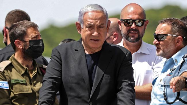 Benjamin Netanyahu visits the site of an overnight stampede during an ultra-Orthodox religious gathering in the northern Israeli town of Meron on Saturday. Picture: AFP