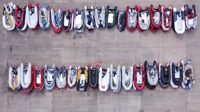 Dinghies used by migrants picked up crossing the English Channel that have been impounded in Dover. Picture: AFP