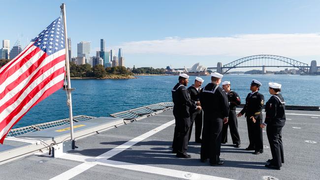 US sailors on board the USS Canberra in Sydney Harbour on Tuesday. Picture: NCA NewsWire / David Swift