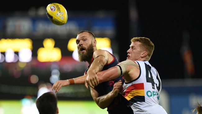 Reilly O’Brien battles Melbourne gun Max Gawn in the ruck. Picture: AAP Image/Dan Peled