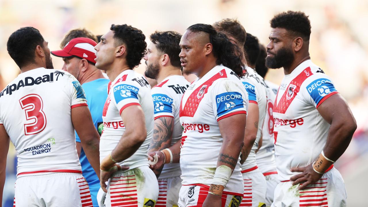 SYDNEY, AUSTRALIA - AUGUST 31: Luciano Leilua of the Dragons looks dejected after an Eels try during the round 26 NRL match between Parramatta Eels and St George Illawarra Dragons at CommBank Stadium, on August 31, 2024, in Sydney, Australia. (Photo by Matt King/Getty Images)