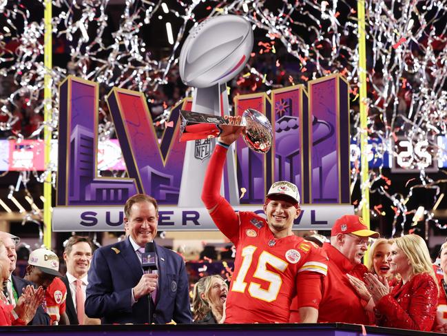 Patrick Mahomes #15 of the Kansas City Chiefs holds the Lombardi Trophy after defeating the San Francisco 49ers 25-22 during Super Bowl LVIII. Picture: Jamie Squire/Getty Images