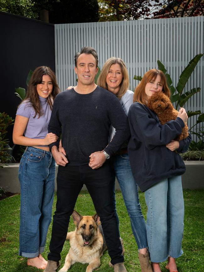 Christian O'Connell with wife Sarah and daughters Ruby and Lois. Picture: Tony Gough.