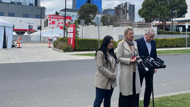 Liberal candidate for Box Hill Nicole Ta-Ei Werner, and Liberal MPs Georgie Crozier and David Davis at Box Hill Hospital on Monday.