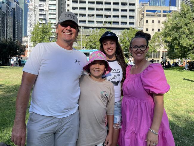 Melanie Edmonds, Rohan Edmonds with Dakota and Ryder Edmonds at Flagstaff Gardens in the Melbourne CBD for the 2024 New Year's Eve fireworks. Picture: Himangi Singh