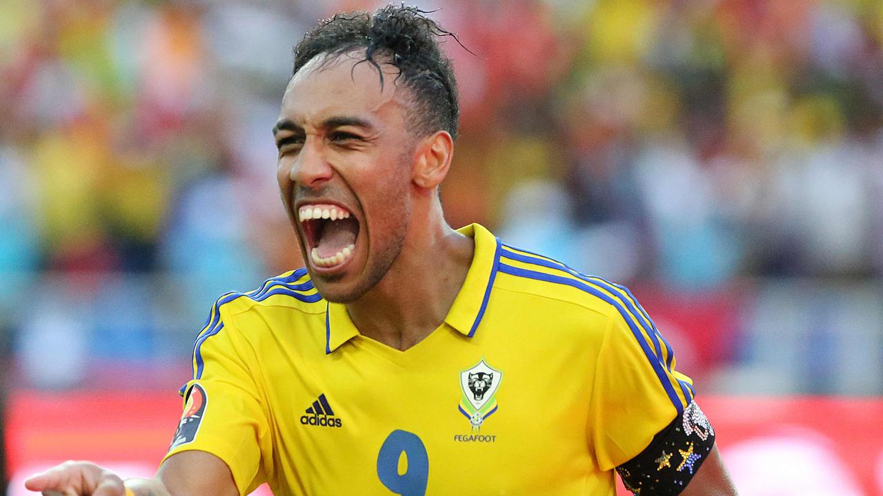 Gabon's forward Pierre-Emerick Aubameyang celebrates after scoring a goal