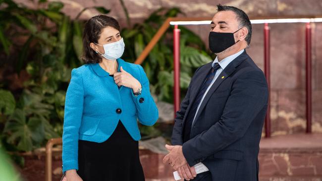 NSW Premier Gladys Berejiklian and NSW Deputy Premier John Barilaro speaking after a COVID-19 update press conference in Sydney. Picture: NCA NewsWire / James Gourley