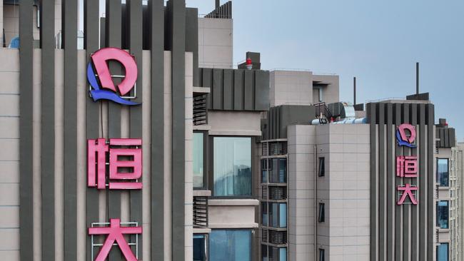 The Evergrande logo seen on residential buildings in Nanjing, in China’s eastern Jiangsu province on August 18, 2023. Picture: AFP