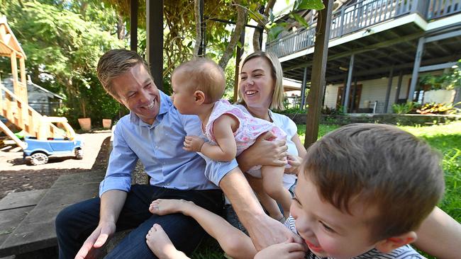 Liberal MP and young dad Julian Simmonds with wife Madeline, baby Isabelle, nine months and Theo, 3, at their home in Taringa, Brisbane. Picture: Lyndon Mechielsen