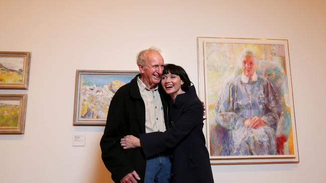 Tasmanian artist George Davis at the launch of his exhibition George Davis: Master Draughtsman. He is pictured with daughter, Australian actor Essie Davis.