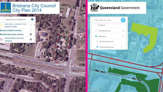 The left map shows the relevant area entirely covered by Brisbane City Council's Koala Habitat Overlay; the right map shows an arbitrary line on the State Government's State Koala Habitat Map. Picture: Facebook/ Cr Ryan Murphy.