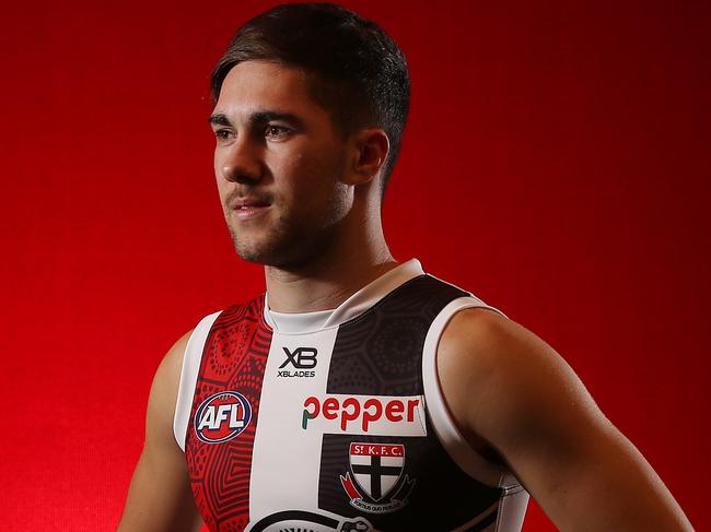 St Kildas Jade Gresham models the clubs indigenous guernsey for this weekends Sir Doug Nicholls Indigenous round.     . Pic: Michael Klein