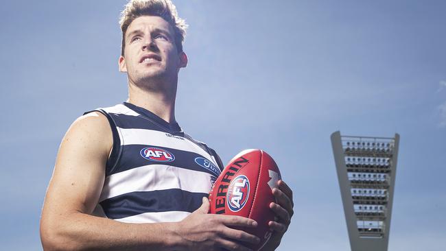 Josh Jenkins poses during a media opportunity after signing a contract with the Geelong Cats at GMHBA Stadium. Picture: Getty Images