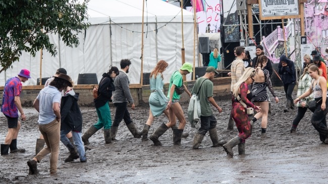 The sought after event struggled to live up to the hype with torrential rain drenching revellers and the campground. Picture: Getty Images