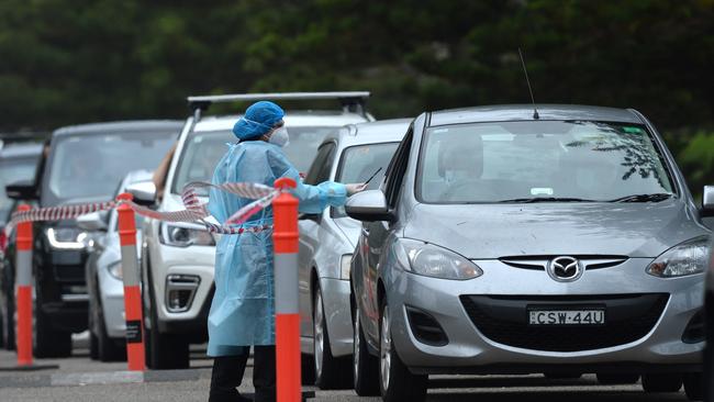 Northern Beaches residents attend a drive thru pop up COVID testing clinic at Newport Beach. Picture: Jeremy Piper