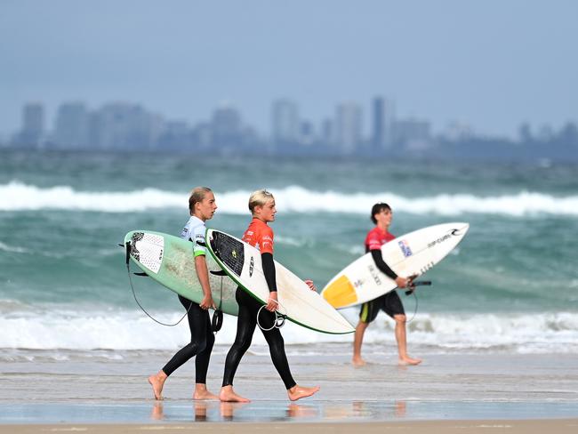 The finals of the boys individual events at the Australian Interschools Surfing Championships Friday May 24, 2024. Picture, John Gass