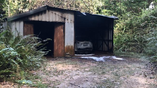 Firefighters from Cairns and Smithfield fire stations quickly knocked down a fire which damaged a car and a garage in Redlynch, Queensland Fire and Emergency Services reported. Picture: Supplied.