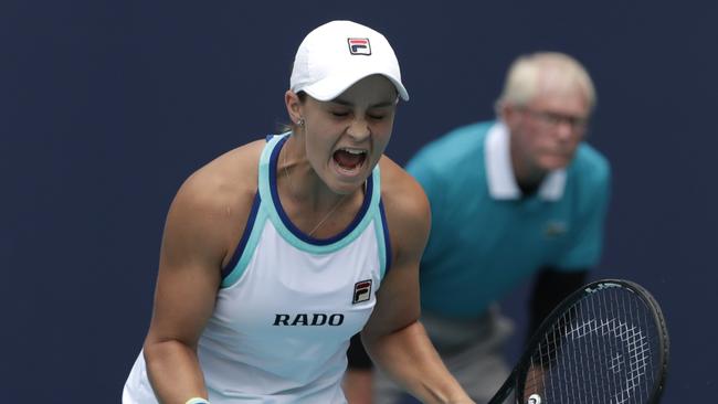 Ashleigh Barty, of Australia, reacts after defeating Carolina Pliskova, of the Czech Republic, during the singles final of the Miami Open. Picture: AP Photo/Lynne Sladky