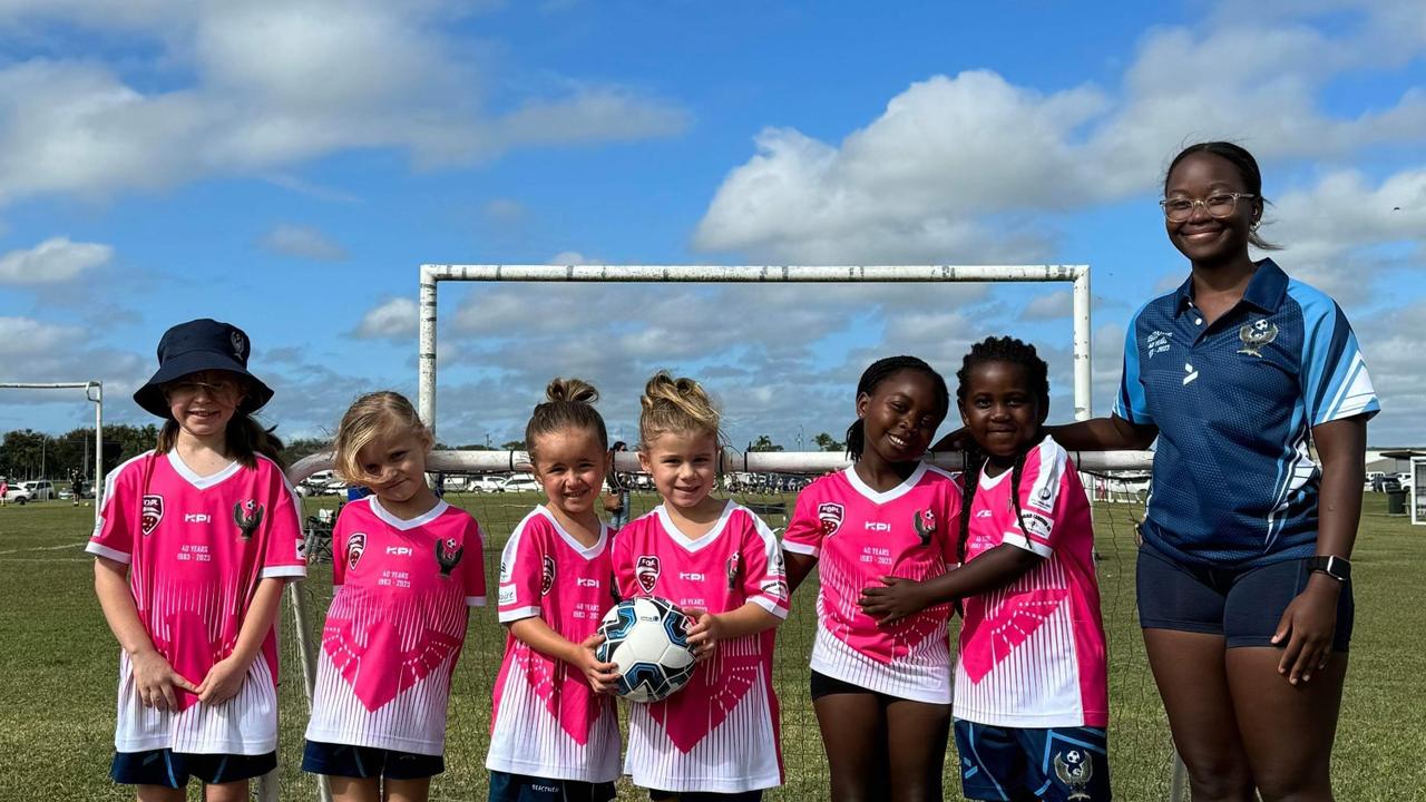 City Brothers Eagles under-5 team (from left) Laney, Dakotah, Kensie, Frankie, Tehillah, Tashanta and Coach Thelma Ndhlovu are the Whitsunday Coast MiniRoos Team of the Week. Absent from photo: Amelia and coach Nathan Stack