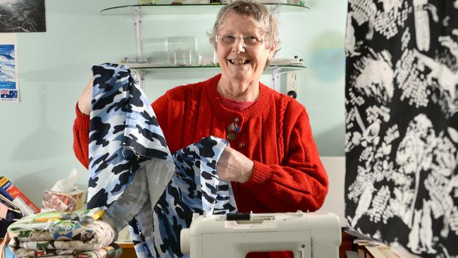 30/6/2015 For the past almost three years Su James has been making quilts and laundry bags for Australian Defence Force personnel. The items are usually tailor-made to reflect the recipients interests and background. So far she's made about 50 Pic is Su at home at Northfield today with some of her work ...PHOTO DAVE CRONIN