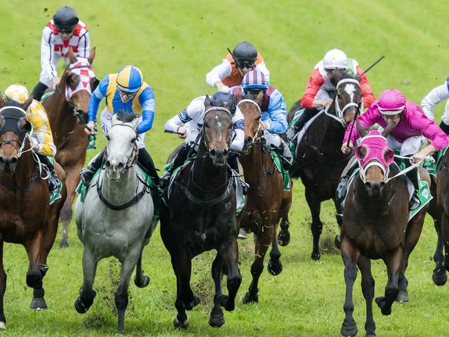 Hugh Bowman (pink) lifts Dancing Gidget to a solid win in the TAB Handicap.