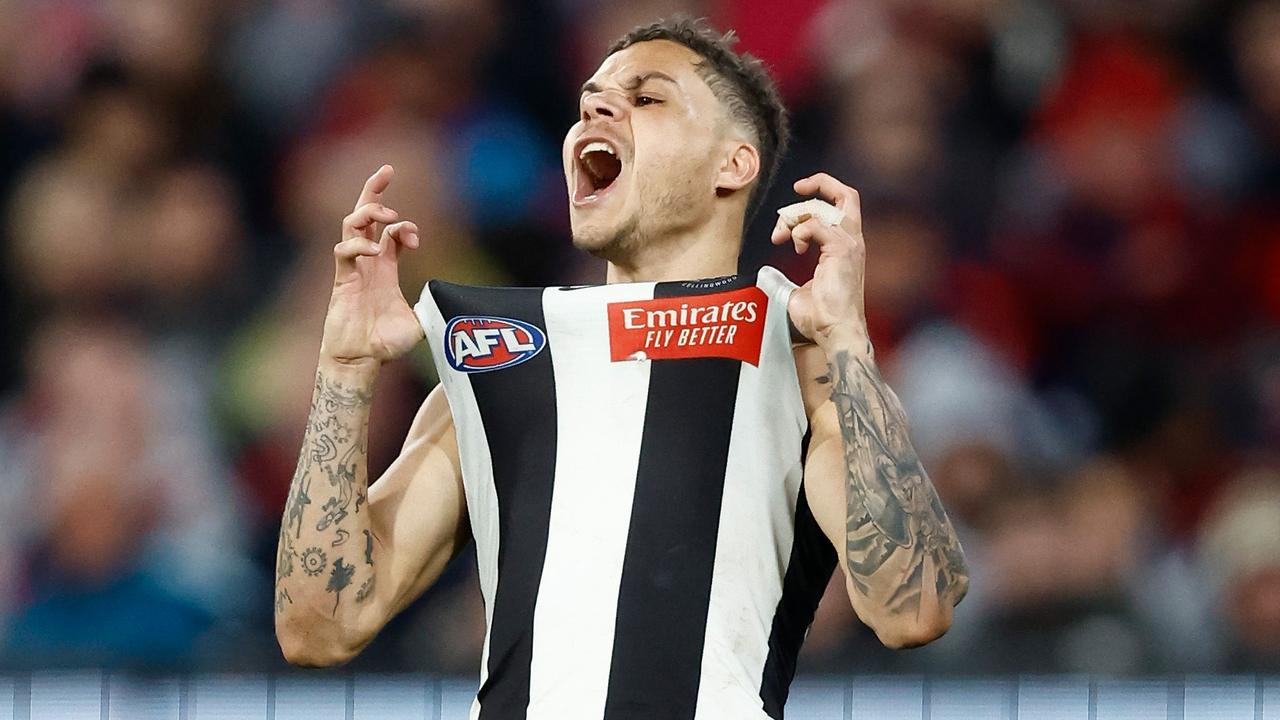 Bobby Hill of the Magpies celebrates a goal. Picture: Michael Willson/AFL Photos via Getty Images