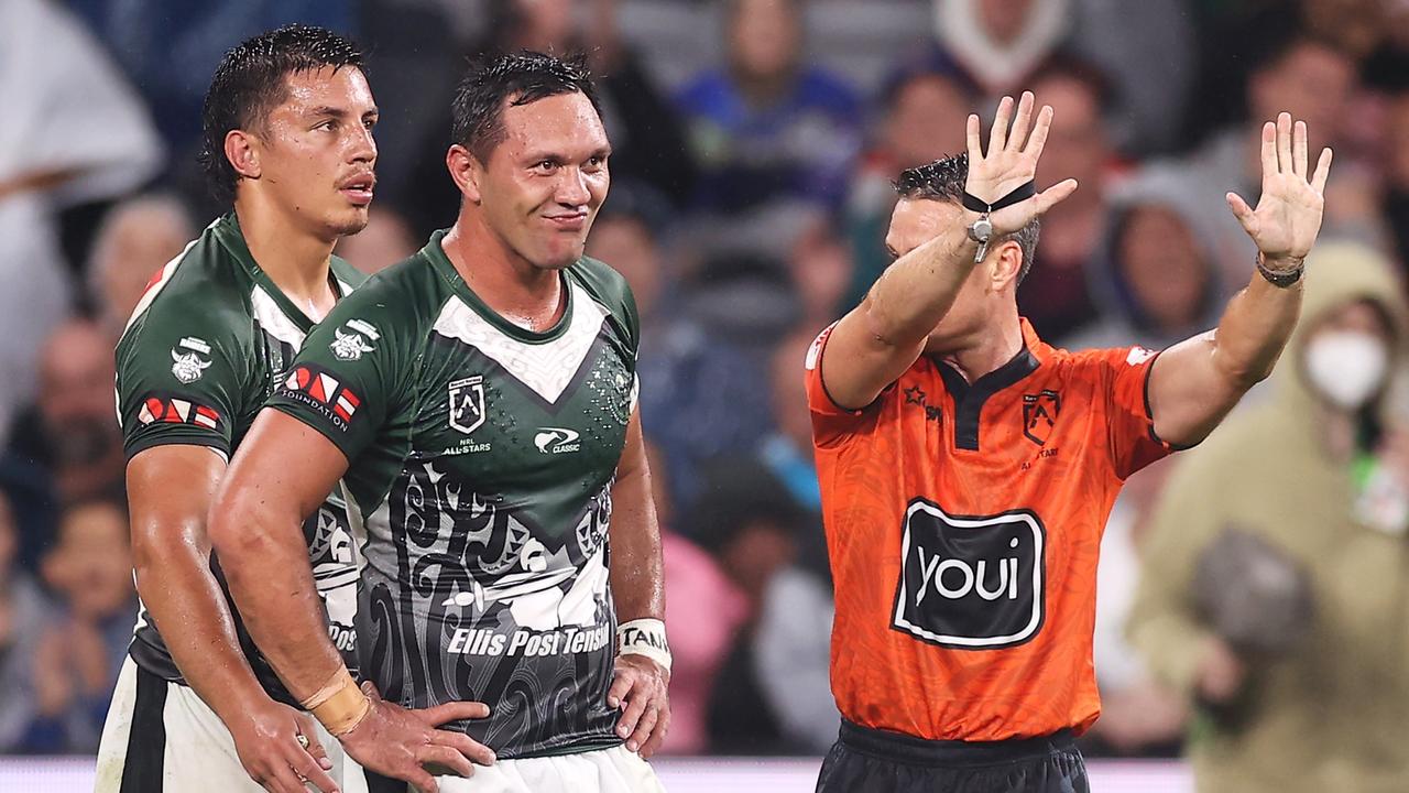 Jordan Rapana was sin-binned for a second shoulder charge on Saturday night. Picture: Mark Kolbe/Getty Images