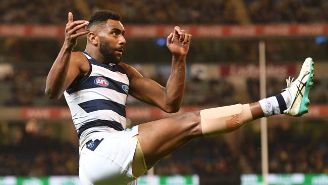 Esava Ratugolea hurt his hamstring in Geelong’s victory over Richmond. Picture: AAP Image/Julian Smith.