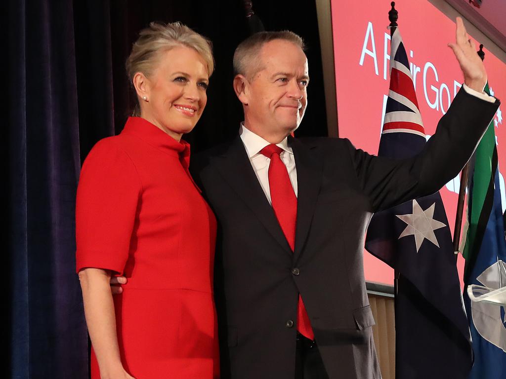 Bill Shorten pictured on election night in 2019 with his wife Chloe, born Clothilde, who speaks French. Picture: Alex Coppel