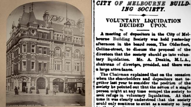 The society’s building around 1890 and an 1892 mews article about its liquidation after the land bust. Pictures: State Library of Victoria, Trove